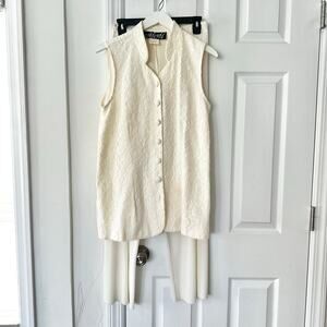 Meghan Matthews Vintage Cream Lace Button Vest Plisse Wide Leg Pants Set 10 USA